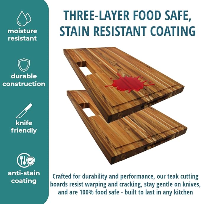 EcoDecors, Teak Edge Grain Cutting Board 29"x18", Solid FSC Teakwood Butcher Block with Juice Groove, Handles & Waste Chute, Large Cutting Board for Kitchen, Carving, and Stove-Top Prep