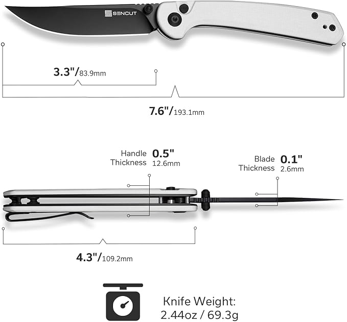 SENCUT Skelfin Pocket Knife for EDC, Folding Knife with 3.3'' Blade & G10 Handle, for Camping Hiking S25007-1 (White)