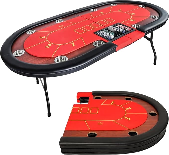 Premium 84" Oval Folding Poker Table – 10-Player Texas Hold’em with Cushioned Rails, Stainless Steel Cup Holders, Chips Tray, and Felt Surface for Blackjack and Casino Games (Red)