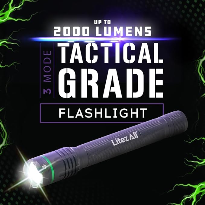 LitezAll Rechargeable 2000 Lumen Tactical Flashlight, Slim High-Power LED Flashlight with Twist-to-Focus Beam, 3 Brightness Levels, USB Charging, 406 Ft Beam Distance ??Compact & Durable