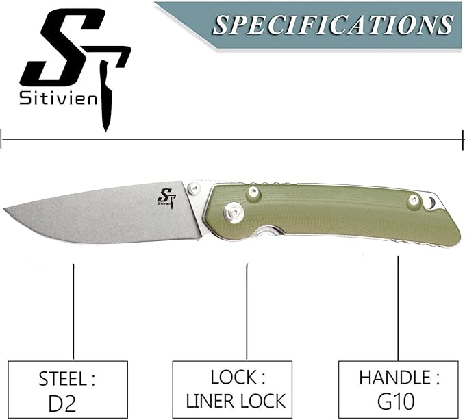 Sitivien ST128 Folding Knife,D2 Blade G10 Handle Safety Liner Lock EDC Tool Knife for Outdoor Hiking Camping-Army Green
