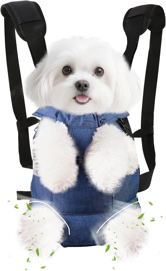 Inspack Dog Backpack Carrier/Cat Carrier, Adjustable Pet Front Carriers Travel Bag for Puppy Medium Dogs, Legs Out, Soft Ventilated Dog Chest Carry Backpacks for Hiking/Camping, 4-7 lbs, Indigo Denim