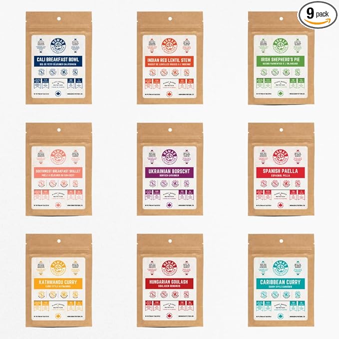 Nomad Nutrition Sampler Pack | 9 Freeze-Dried Meals: Hungarian Goulash, Shepherd?™s Pie, Kathmandu Curry, Lentil Stew & More | Plant-Based, Non-GMO, High Protein | Add Boiling Water | 56g (Pack of 9)