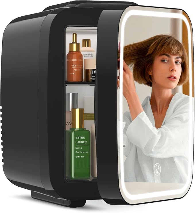 Skincare Fridge with Dimmable LED Light Mirror, 4L/6Can Mini Fridge Skincare for Bedroom,Office,Dorm,Cooler & Warmer,Portable refrigerator for SkinCare, Food and Drinks,Black
