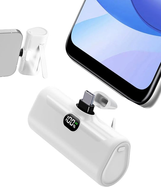 White USB C Power Bank for iPhone 15 Pro,[100%-0 Digital Display]Lightweight 5000mah Ultra-Compact Portable Battery Charger with Stand, SOS Mini Light Emergency Battery Bank for Android Phones