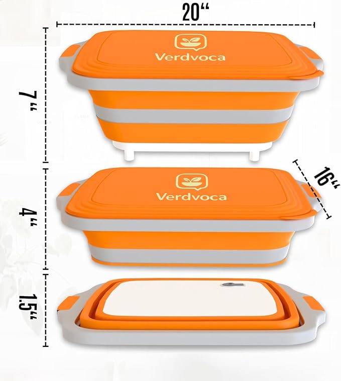 Collapsible BBQ Prep Tubs with Lids, Grill Cutting Board, Camping Sink with Drainage Hole for Meal Prep, Fruit Wash and Food Storage, Marinating Container,16L Orange Tub 20"