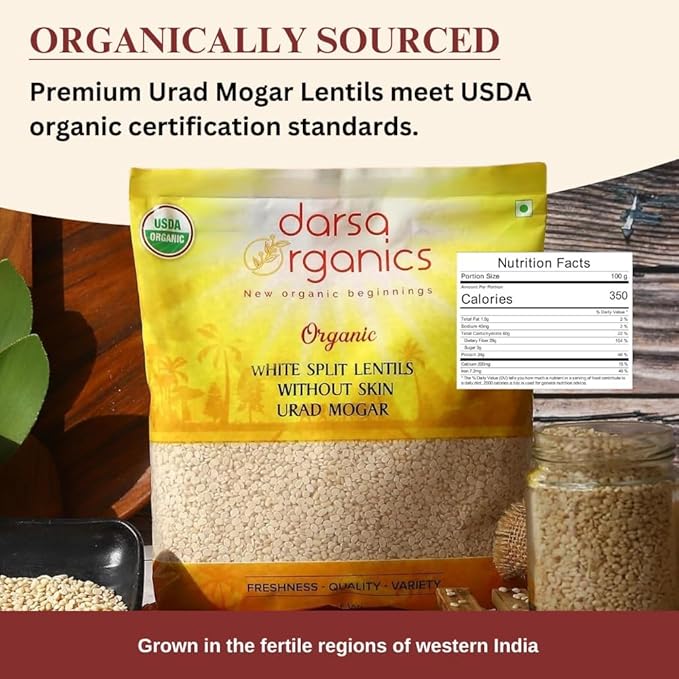 Darsa Organics Urad Dal Split Without Skin (Urad Mogar) 2lb ??USDA Organic White Matpe Split Lentils | Non-GMO, Plant-Based Protein, Kosher | Great for Dosa Batter, Soups, & Stews