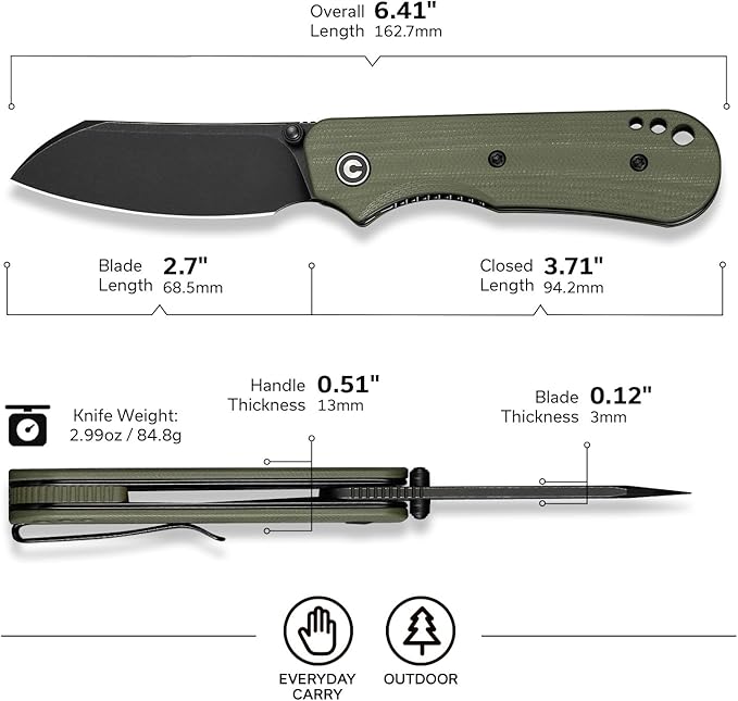 CIVIVI Crabby Pocket Knife, EDC Folding Knife for Men Women with Swedish 14C28N Blade Contoured G10 Handle, Designed by Ken Onion Jr. C24055-1