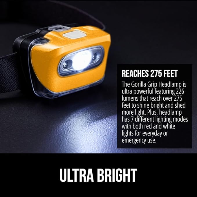 GORILLA GRIP Ultra Bright High Lumens LED Head Lamp, 7 Light Modes Water Resistant IPX4 Headlamp, Adjustable Headband, Battery Powered Outdoor Running, Camping Forehead Flashlight Lamps, 1 Pack Orange