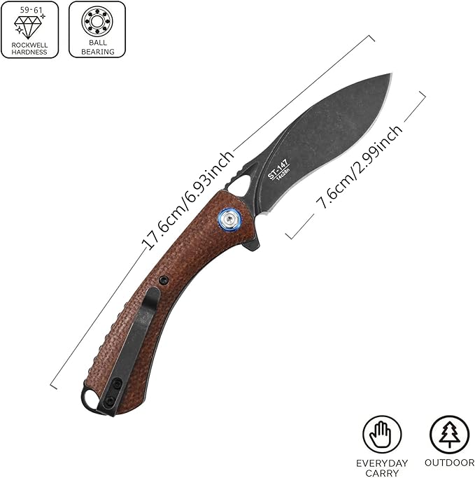 Sitivien ST147 Folding Pocket Knife,Black Stonewashed 14C28N Steel Blade with Micarta Handle Utility Knife EDC Tool Knife for Outdoor Camping,Hiking,Hunting(Brown)