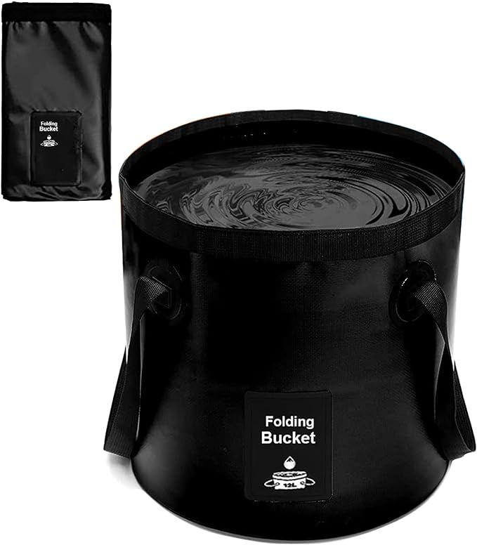 Collapsible Bucket with Handle, Lightweight Folding Water Container, Portable Collapsible Bucket for Fishing, Camping, Hiking, Backpacking, Outdoor Survival, Car Washing Black 12L