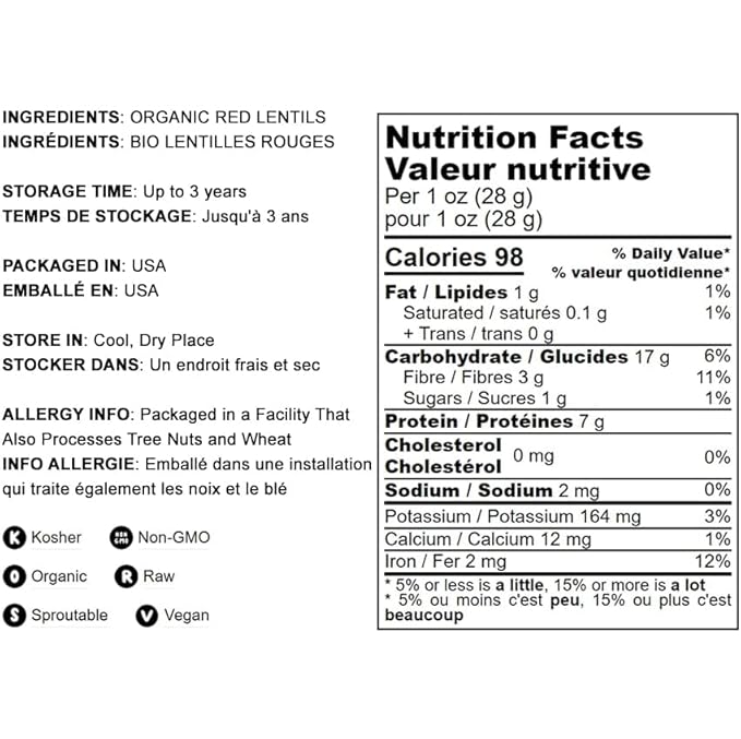 Food to Live Organic Whole Red Lentils, 1 Pound Non-GMO, Dry Raw Lentils, Sproutable, Vegan, Kosher, Bulk. Easy to Cook. Source of Folate, Fiber, and Protein. For Lentil Soup, Stews, Curry (Pack of 2)