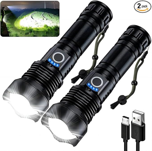 Rechargeable Flashlights 90000 High Lumens - 2 Pack, Super Bright 12 Hours Long Life LED Flashlight with 5 Modes, High Powered Flash Light for Home, Outdoor