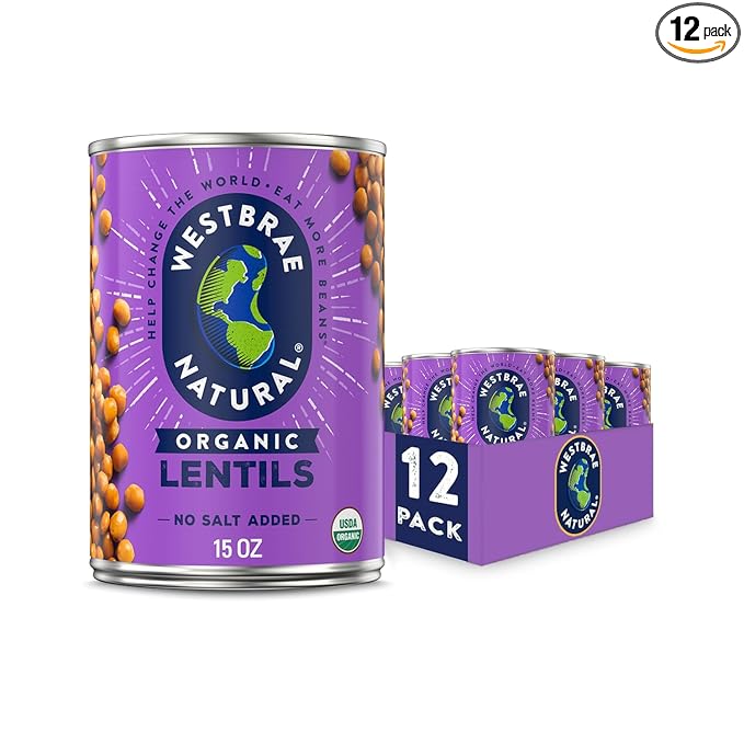 WESTBRAE 15 oz Natural Organic Lentil Beans, No Salt Added, Source of Plant Based Protein and Fiber, Low Fat, Gluten Free, (Pack of 12)