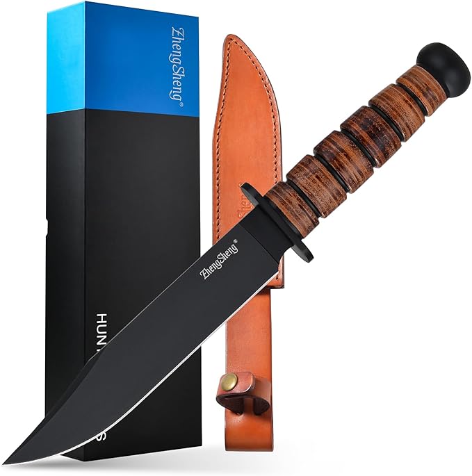 Fixed Blade Knife, 8.0??Black Titanium PVD Coating DC53 Steel Blade Hunting Knives with Leather Sheath, Ergonomic Handle Bushcraft Bowie Knife for Camping, Hiking