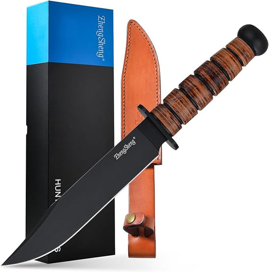 Fixed Blade Knife, 8.0??Black Titanium PVD Coating DC53 Steel Blade Hunting Knives with Leather Sheath, Ergonomic Handle Bushcraft Bowie Knife for Camping, Hiking