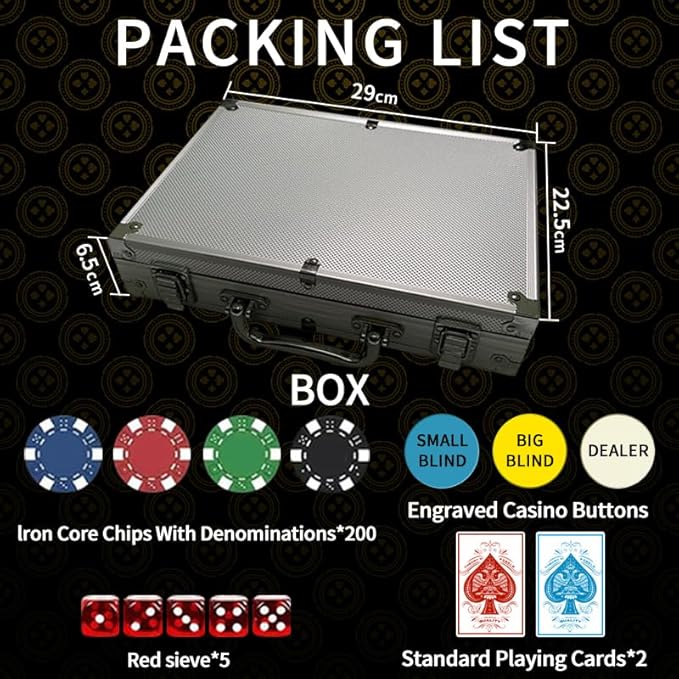 Non-Denominated Poker Chips, 200 11.5 Gram Counterweight Digital Casino Chip Set, 5 Dice, 2 Decks of Playing Cards, Comes in Compact Aluminum Case, for Texas Hold'em and Blackjack, Ages 8 and Up
