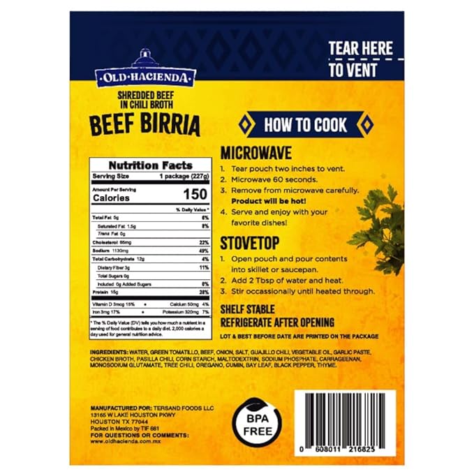 Old Hacienda Beef Birria | 100% Shredded Beef in Chili Broth | Fully Cooked & Ready to Eat | 15g Protein | No Preservatives, Artificial Flavors or Colors | BPA Free Pouch | Pack of 6-8 oz