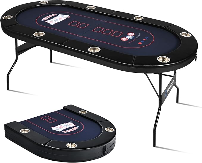 Poker Table Foldable, 8/10 Player Folding Poker Tables with Casino Grade Felt, Padded Rails & Cup Holders, Portable Poker Table for Texas Holdem (72 Inch-Black & Dark Blue)