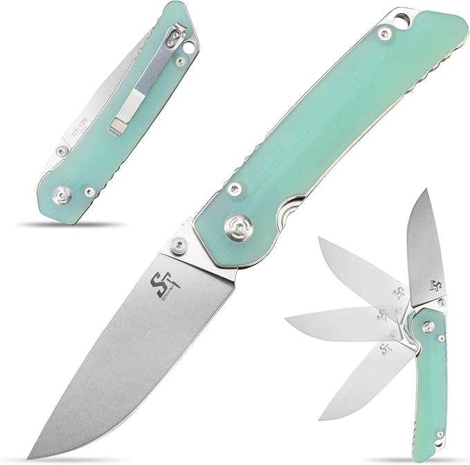 Sitivien ST128 Folding Knife,D2 Blade G10 Handle Safety Liner Lock EDC Tool Knife for Outdoor Hiking Camping-Jade