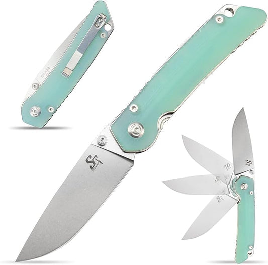 Sitivien ST128 Folding Knife,D2 Blade G10 Handle Safety Liner Lock EDC Tool Knife for Outdoor Hiking Camping-Jade