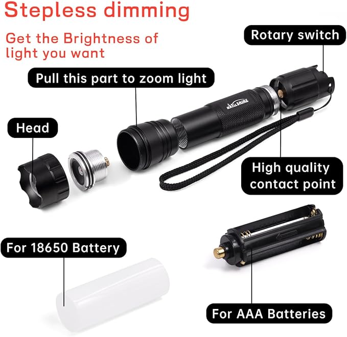 Stepless Dimming Red Light Flashlight, 620nm-630nm High Purity, Adjustable Brightness and Focus for Night Observation, Astronomy, Aviation
