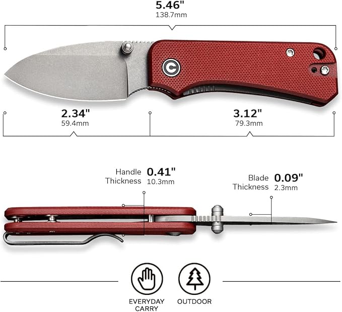 CIVIVI Baby Banter Pocket Folding Knife for EDC, 2.34" Blade Small Knife with Titanium Thumb Stud Opener C19068S-6 (Burgundy)