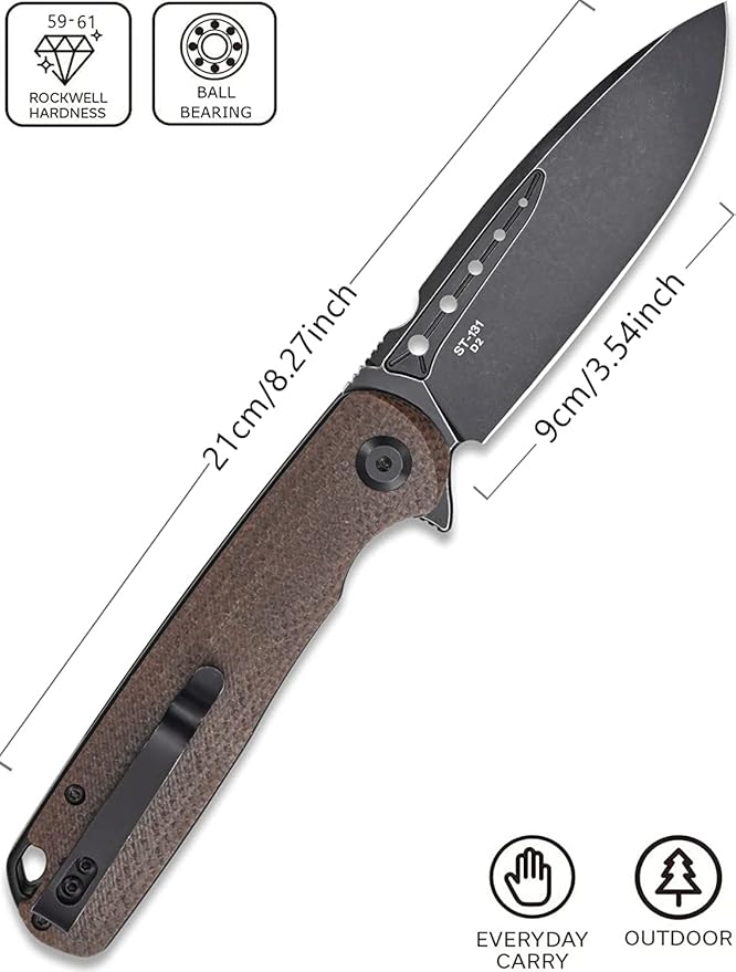 Sitivien ST131 Folding Knife,D2 Blade Micarta Handle EDC Tool Knife with Liner Lock for Outdoor Camping Hiking Fishing(Brown)