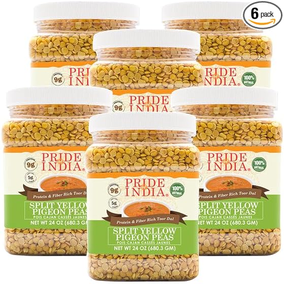 Pride Of India - PACK of 6 - Indian Split Yellow Pigeon Peas - Protein & Fiber Rich Toor (Arahar) Dal, 1.5 Pound Jar