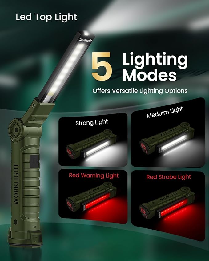 Coquimbo Tool Gifts for Men Him, Rechargeable LED Work Light Grill Light with Magnetic Base and Hook 5 Modes 360° Rotate Mechanic Light Birthday Gifts for Dad Husband Men (2 Pack Green)