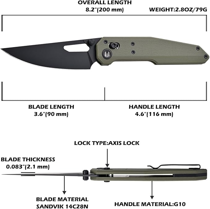 Hightron Sharplyn Folding Knife, 3.6" 14C28N Steel Blade with Black PVD OD Green G10 Handle Pocket Knife with Pocket Clip for Men Women Lightweight EDC Knives for Outdoor