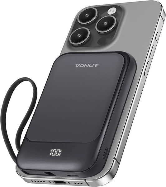 Magnetic Power Bank 10000mAh, Wireless Portable Charger with 15W Max Fast Charging & Built-in USB-C Cable, 22.5W PD LED Display Battery Pack Compatible with iPhone 16/15, Samsung Galaxy