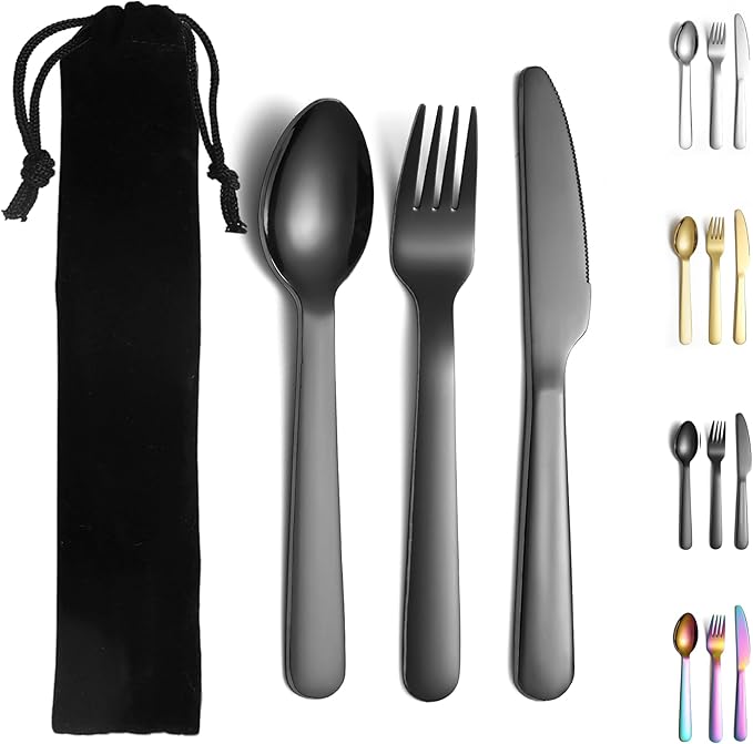 Evanda 3 Piece Portable Silverware Set, Include Knife Fork Spoon, Black Titanium Plating Camping Cutlery Set With Black Bag, For Home Kitchen Camping Travel, Dishwasher Safe