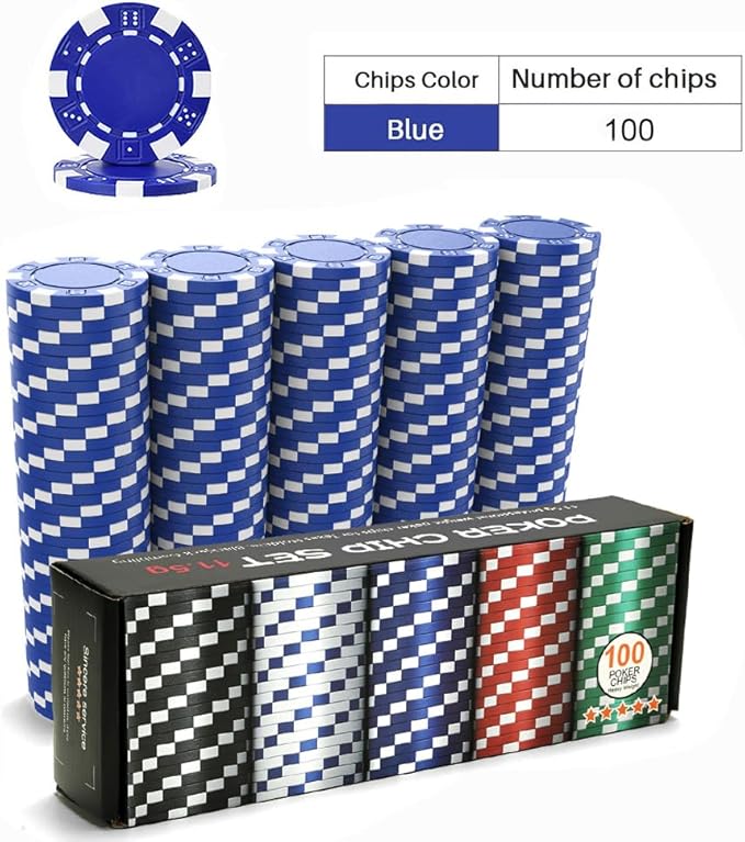 100PCS Blue Poker Chips, Casino Poker Chips Set, 11.5 Gram Plastic Poker Chips Clay Blank Game Chips for Poker Card Games Texas Holdem Blackjack Gambling (with Gift Box)
