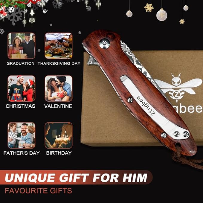 Damascus Pocket Knife with Sheath, 2.87" Damascus Steel Blade Knife with Wood Handle, EDC Folding Knife for Camping Fishing Hiking, Gifts for Men Women