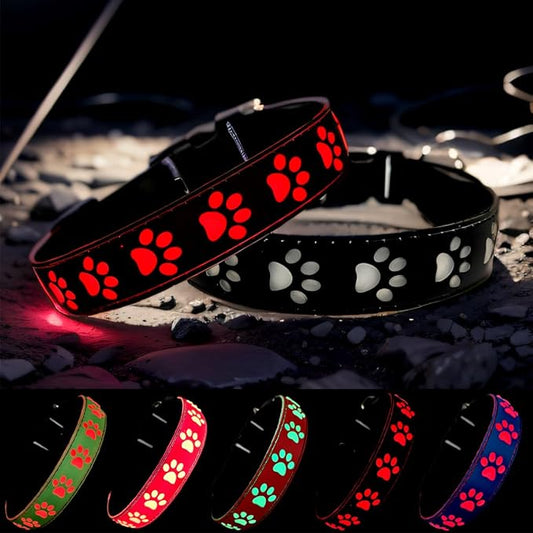 LED Light Up Dog Collar, USB-C Rechargeable, Multicolor Paw Print Design, 15 Modes Lighting Night Safety (Black, L(15.7-19.7"))