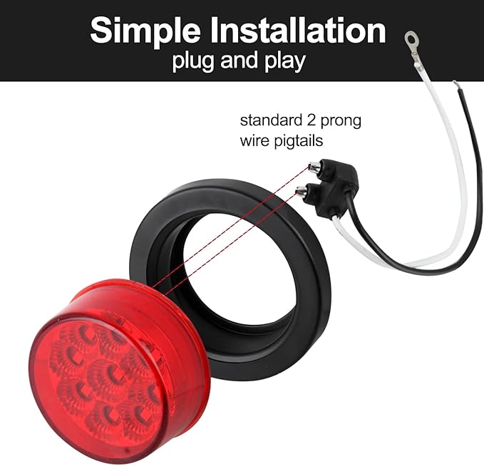 10Pcs 2 Inch Round Red LED Marker Lights 9 LED w/Reflectors, Multi Faceted 2 Inch Led Side Marker Clearance Lights Trailer Marker Lights Flush Mount w/Grommets and 2 Prong Pigtails