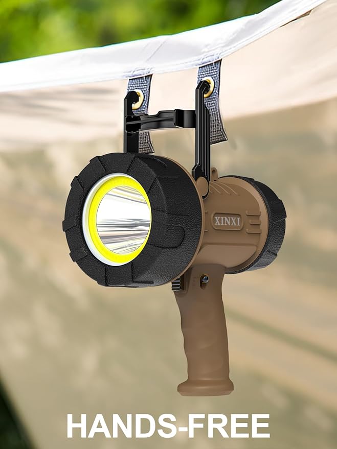 XINXI Super High Bright Rechargeable Spotlight with COB Floodlight, 6 Light Modes and USB Charger for Hiking, Boating, Hunting, IP67 Waterproof Handheld Flashlight with red Filter(Brown)