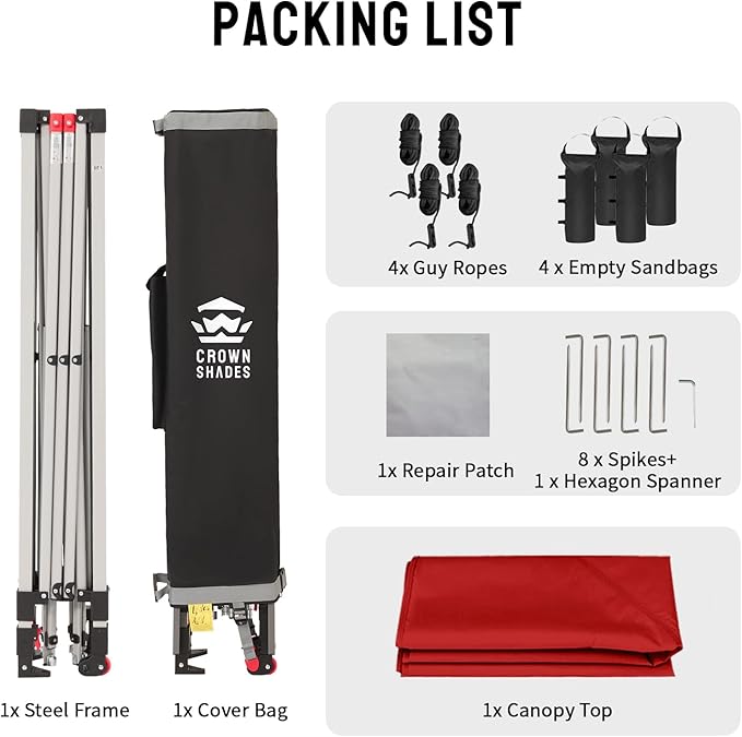 CROWN SHADES 12x12 Pop Up Canopy Outside Canopy, Patented One Push Tent Canopy with Wheeled Carry Bag, Bonus 8 Stakes and 4 Ropes, Red