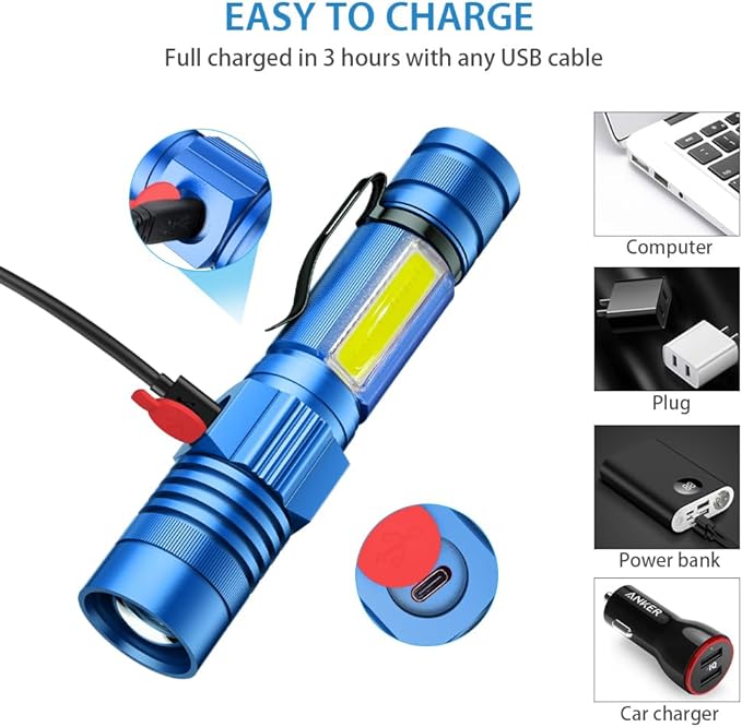 Rechargeable LED Flashlights, Magnetic Flashlight Super Bright Tactical Flashlight with SideLight,USB Rechargeable,Zoomable,Waterproof Best Small Flashlight for Camping, Emergency Blue
