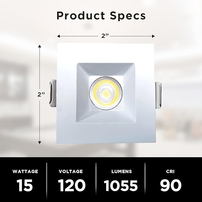 2-Inch LED Square Downlight Luminaire. Recessed Ceiling Light Fixture, 15-Watt, CCT 5 Color Changing (2700K/3000K/3500K/4000K/ 5000K), 1055 Lumens, White, Dimmable