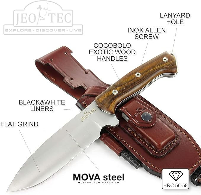 JEO-TEC Nº39 Full Tang Knife for Bushcraft Survival Hunting Fishing Camping, Fixed Blade 11" MOVA Steel, Sheath and Fire Starter - Handmade