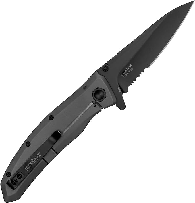 Kershaw Grid Folding Pocket Knife, 3.7 inch Black Serrated Blade, Steel Handle, Pocketclip & Misdirect Pocketknife; 2.9 in. 4Cr13 Serrated Black-Oxide Blackwash Finish Blade