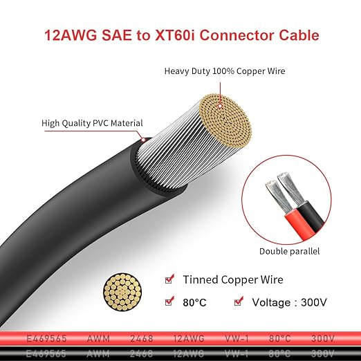 12AWG XT60i to SAE Adapter Extension Cable with SAE Polarity Reverse Adapter for Portable Power Station Solar Panel Solar Generator(2FT)