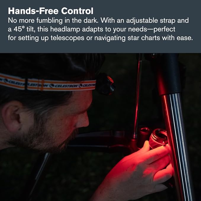Celestron ??Night Vision Headlamp ??Multiple Light Modes ??Includes SOS Setting ??Ideal for Astronomy and Camping ??100 Hours of Usage ??45° Adjustable Angle