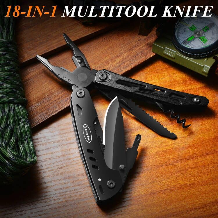 RoverTac 18-in-1 Multitool Pocket Knife with Pliers, Saw, Corkscrew & Detachable Scissors, Multi