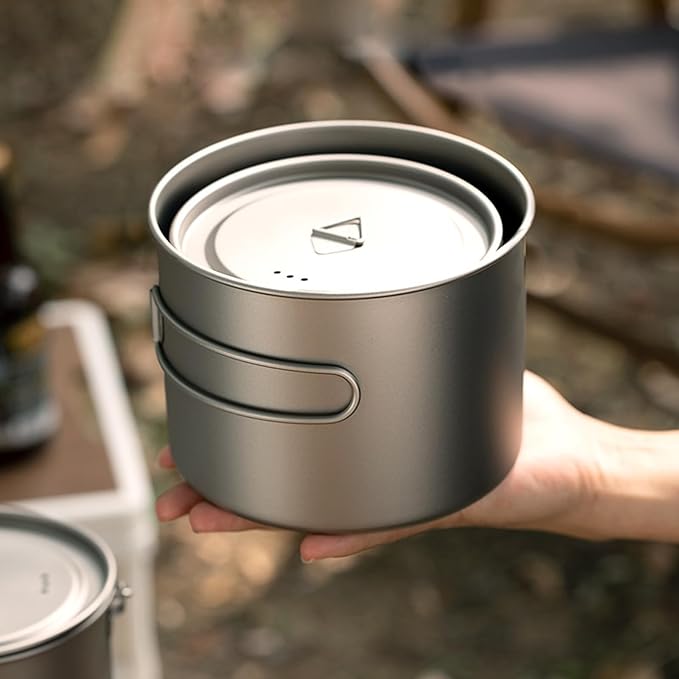 Titanium Pot 900ml & 1100ml & 1600ml Lightweight Camping Cookware for Outdoor Hiking Backpacking Travel, Non-Toxic Druable Cooking Pot with Lid & Folding Handle