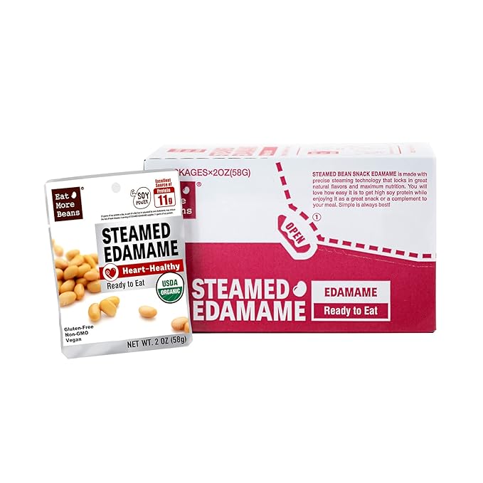 Steamed Bean Snack Series - STEAMED EDAMAME (Water, Organic Soybeans, Sea Salt, Organic Rice Vinegar) - Box of 10