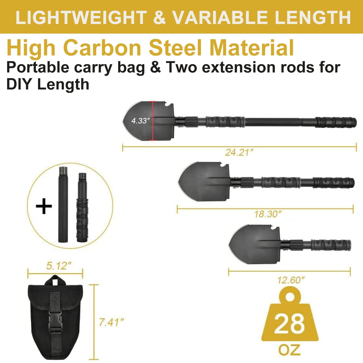 Yeacool Camping Shovel, (24.21'') Survival Off Road E Tool Folding Shovel with Pickaxe, Portable