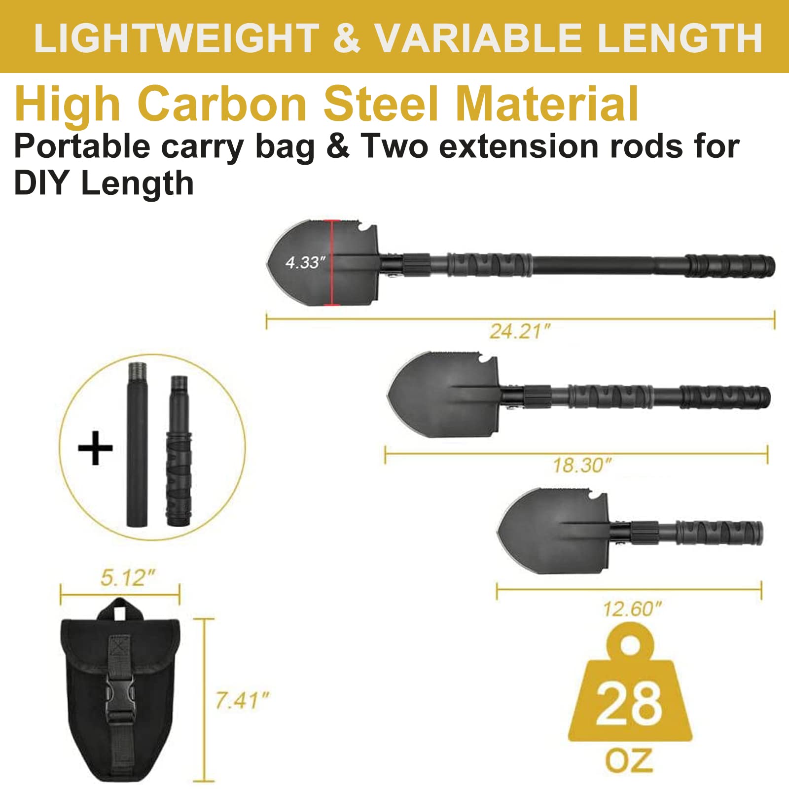 Yeacool Camping Shovel, (24.21'') Survival Off Road E Tool Folding Shovel with Pickaxe, Portable